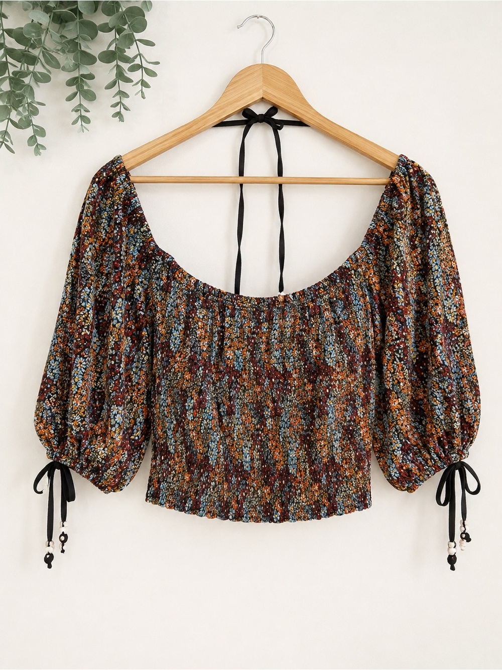 Free People Floral Smocked Crop Top - Rust, Blue, Cream
